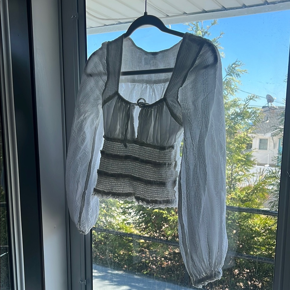 Free People Silver Long Sleeve Smocked Blouse